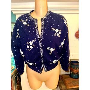 VINTAGE 50s/60's ELSIE TU HONG KONG NAVY BEADED LINED CARDIGAN SWEATER XS